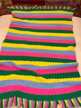 Handmade Colorful Crochet Throw Blanket - Bright Pink, Yellow, Green, Blue